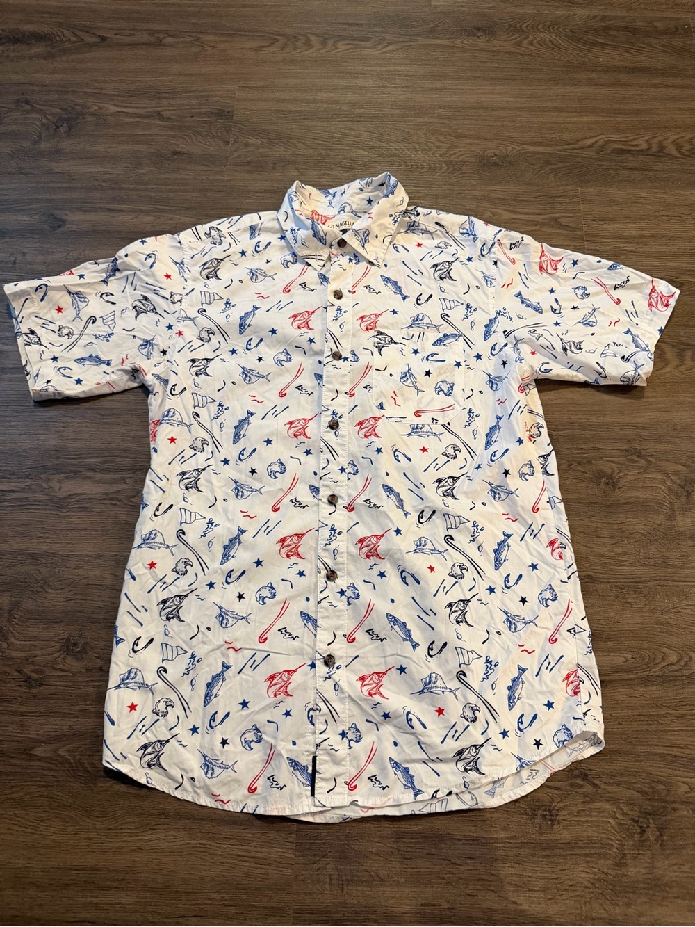 Magellan Mens Small 4th of July America Button Down Shirt Classic Fit Fish White